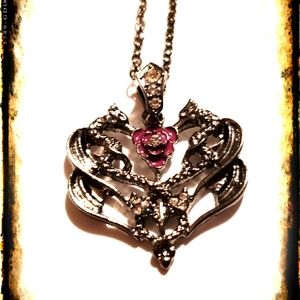 Gothic Style Dragon & Purple Rose Heart Necklace